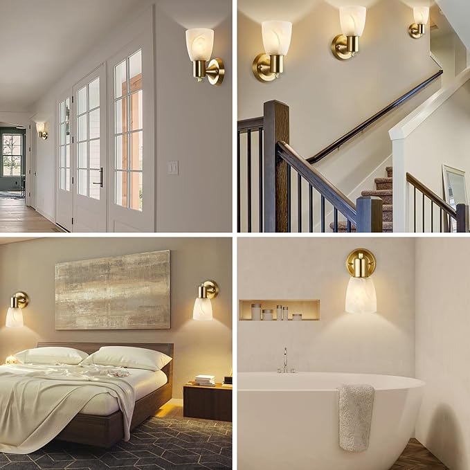 Wall Sconces Set of 2, Gold Vanity Lights for Bathroom, Modern Wall Light Fixtures with Rotary Switch, Wall Mount Light with Frosted Glass, Farmhouse Lamp for Bedroom Living Room