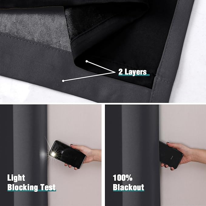 ChrisDowa 100% Blackout Curtains for Bedroom with Black Liner, 2 Thick Layers Total Blackout Thermal Insulated Grommet Small Window Curtains 45 Inch Length 2 Panels Set (Dark Grey, 42 x 45 Inch)