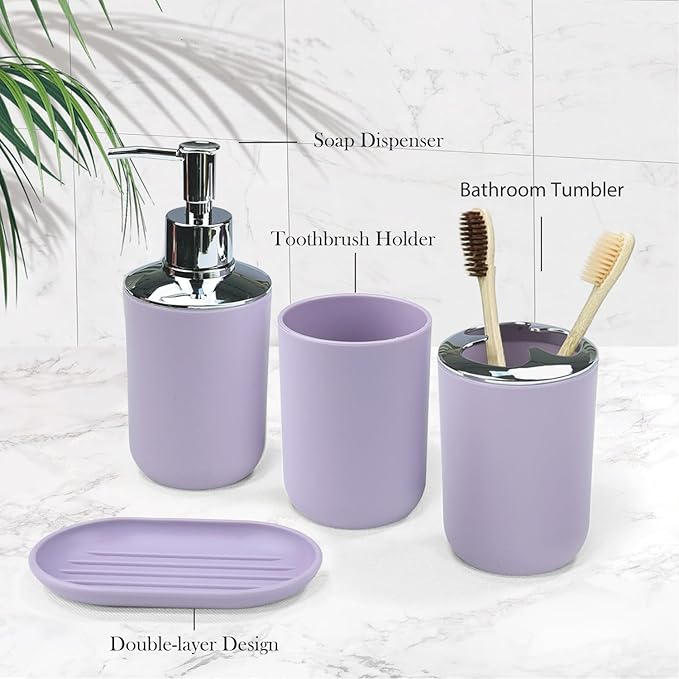 CERBIOR Bathroom Accessories Set 6 Piece Bath Ensemble Includes Soap Dispenser, Toothbrush Holder, Toothbrush Cup, Soap Dish for Decorative Countertop and Housewarming Gift (Purple)