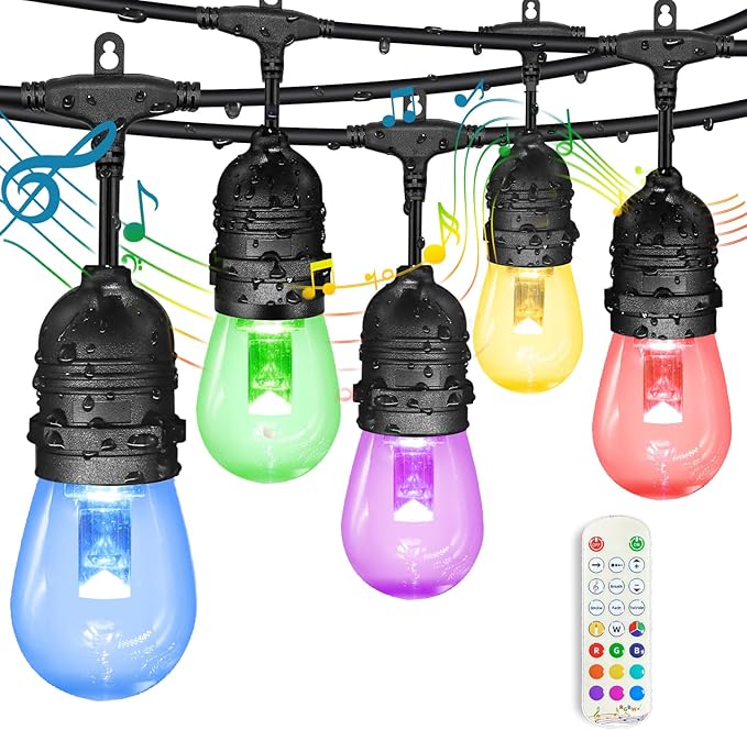 GANA Outdoor String Lights, Patio Lights 96FT Music Flash RGBW Colourful, Safe 12V Low Voltage LED Shatterproof Bulbs Connectable, Heavy Duty Wire IP65 Waterproof Level, for Courtyards Bistro