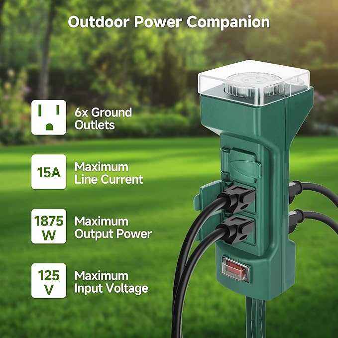 Cable Matters [ETL Listed] 6-Outlet Outdoor Power Stake Timer with 9ft Cord, Weatherproof Outdoor Power Strip with Timer