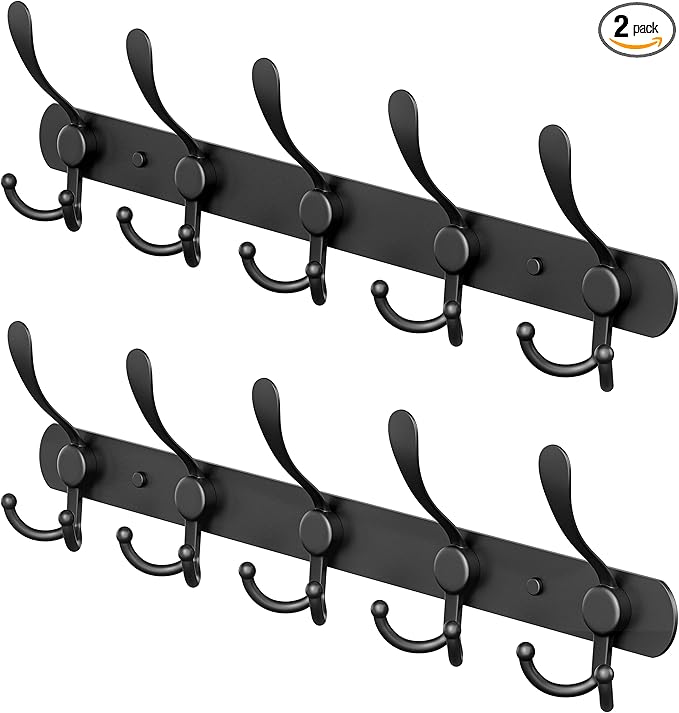 Coat Rack Wall Mount with 5 Tri Hooks, Stainless Steel 16 Inch – Black Matte Finish, Heavy Duty Wall Mounted Hook Rack for Coats, Hats, Towels, Scarves, Robes, Bags, Entryway & Bathroom - 2 Pack