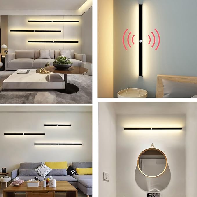 LED Rectangles Wall Lamp with Motion Sensor 3000K/4000K/6500K Indoor Black Sconce Long Bedside Lights Corridor Minimalist Style for Bedroom Kitchen