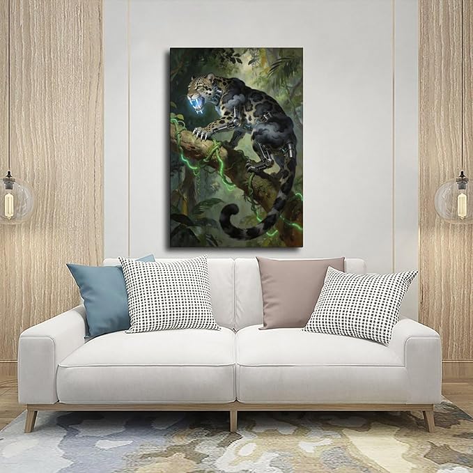 Framed Steampunk Mechanical Leopard Wall Art - Jungle Futuristic Beast Poster for Man Cave Living Room Decor 12x18inch(30x45cm)