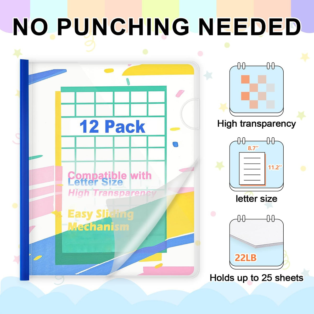 TOTiyea 12 Pack Clear Report Covers with Sliding Bars, 5mm (25 Sheet Capacity) Blue Sliding Bar File Folders, for Letter Size