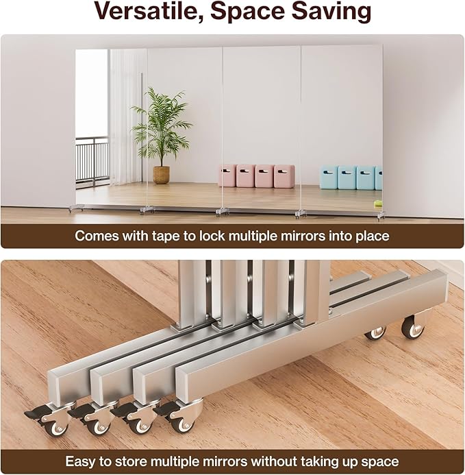 76" x 34" Full Length Standing Mirror on Wheels, Large Glassless Rolling Mirrors with Brakes, Shatterproof Full Body Mirror for Dance Studio/Home Gym, HD Imaging, Easy to Install, Silver