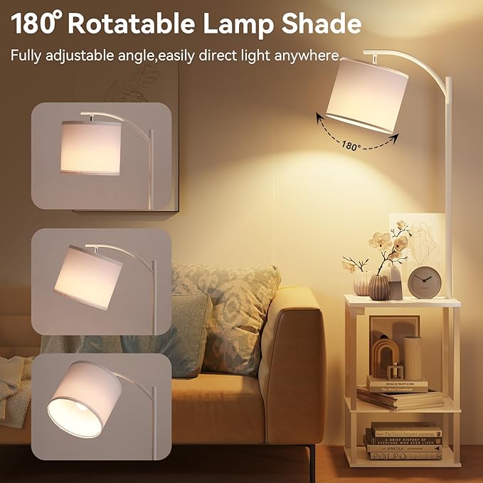 SUNMORY Floor Lamp with Table, End Table for Living Room with Lamp, Shelves Side Table with Charging Station(USB & AC Port), 3 Color Temperature LED Bulb, Modern Nightstand Lamp for Bedroom, Office