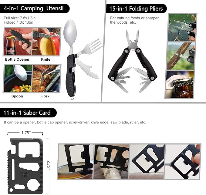 Emergency Survival Kit, 151 Pcs Survival Gear First Aid Kit, Outdoor Trauma Bag with Tactical Flashlight Knife Pliers Pen Blanket Bracelets Compass for Camping Earthquake or Adventures