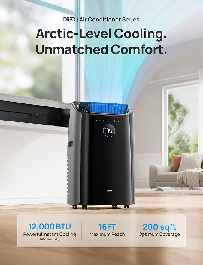 DREO Portable Air Conditioners, 8000 BTU (DOE) AC Unit for Bedroom with Drainage-free Cooling, 3-in-1 with Fan & Dehumidifier, Touch/APP/Voice/Remote, 24h Timer, Smart Floor AC for Room Indoors