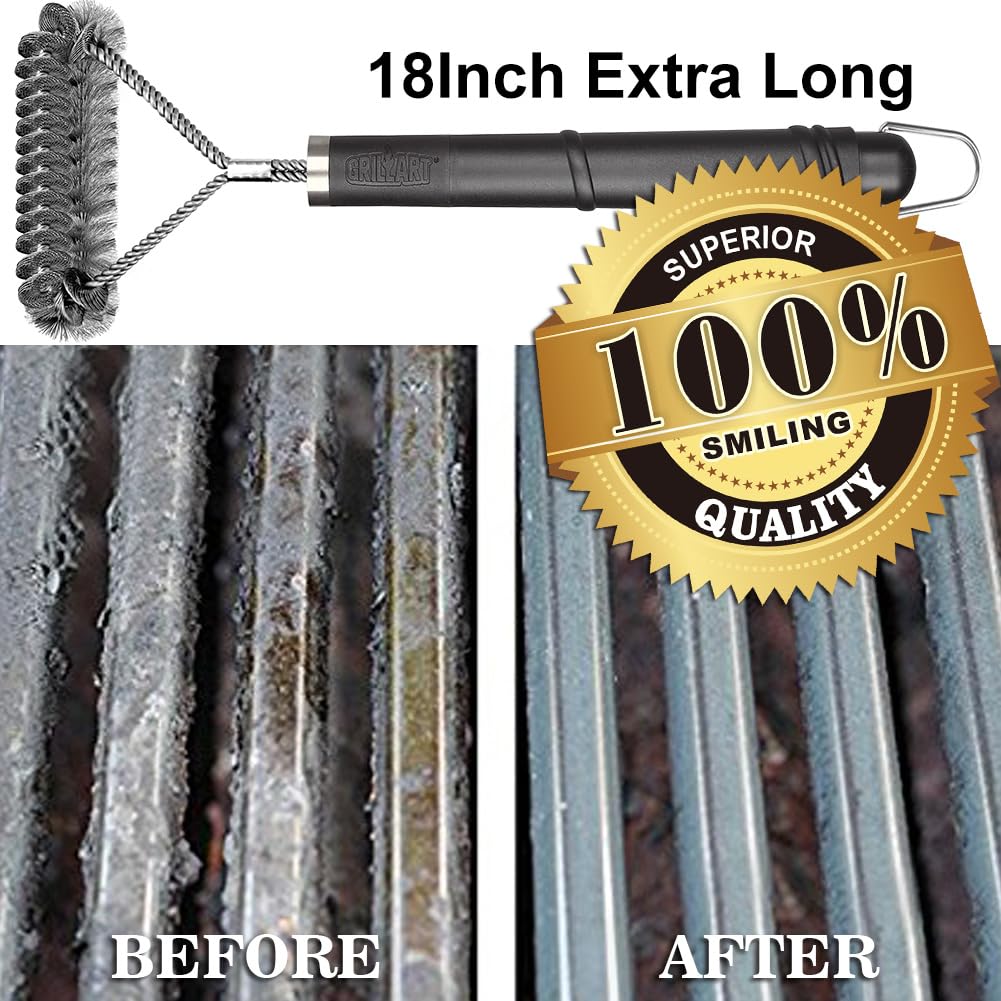 GRILLART Grill Brush [Wire + Helix] Combined BBQ Brush - Safe & Efficient Grill Cleaning Brush - 18" Grill Cleaner Brush Scrubber for Gas/Porcelain/Charbroil Grates – BBQ Accessories Gifts for Men/Dad