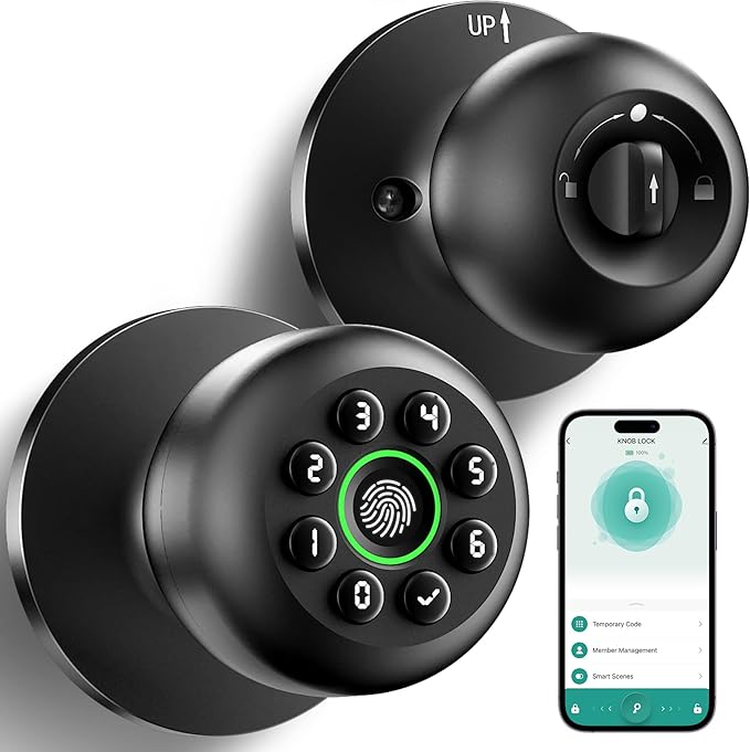 Fingerprint Door Lock, Smart Fingerprint Door Knob with Keypad, Biometric Door Lock with App Control, Auto Lock Door Lock with Code, Keyless Door Knob with Lock for Bedroom, Home,Office-Matte Black