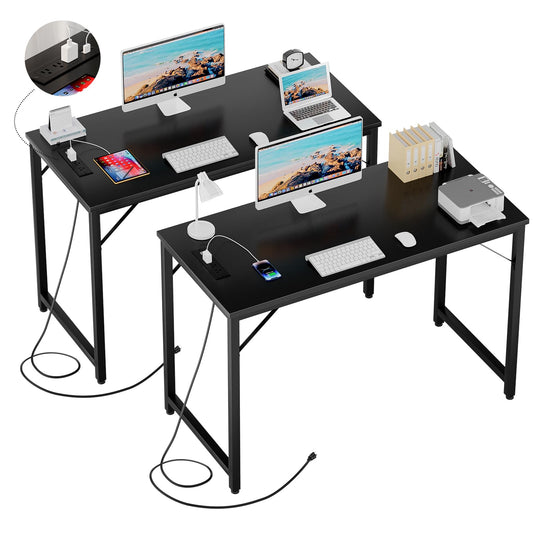 iSunirm 47 Inch Computer Desk with Magic Power Outlets and USB Charging Ports, Modern Home Office Desks, Sturdy Simple Writing Table, Laptop PC Gaming Desk for Bedroom Workstation, Black, 2 Pack
