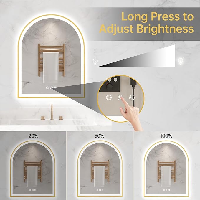 Arched LED Mirror for Bathroom 24"x30", Brushed Gold Lighted Bathroom Mirror with Lights, Fogless, Dimmable, Shatterproof, Touch Sensor, 3 Color Changing