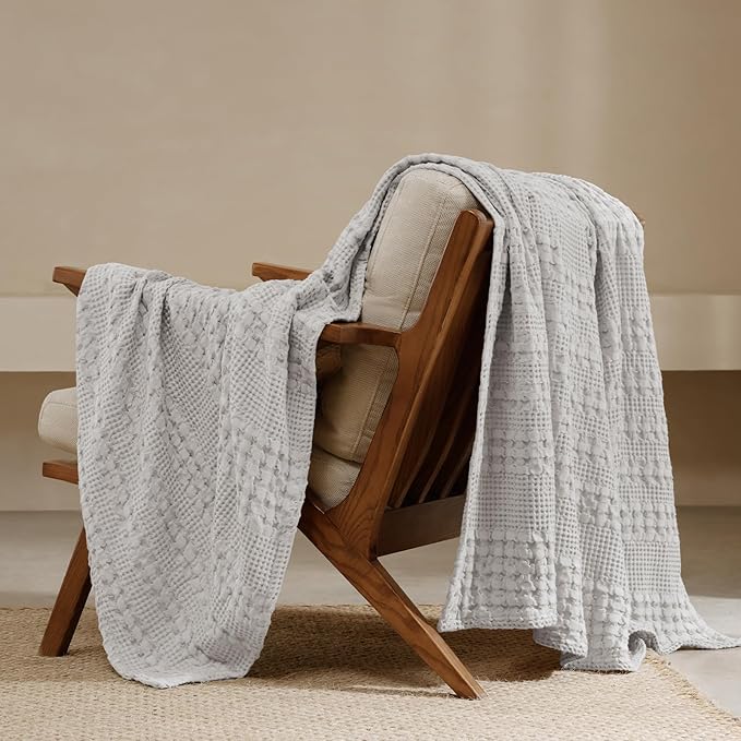PHF 100% Cotton Waffle Weave Throw Blanket, Soft Lightweight Breathable Cozy Throws for Couch Bed Sofa, Luxury Aesthetic Woven Blanket for Home Decor & Office, 50"x60", Light Grey