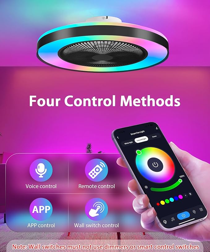 2-in-1 Low Profile Ceiling Fan with Light, 20” Caged Safety Design for Kids - RGB Color, Smart APP/Remote Control, Quiet Flush Mount DC Motor, Metal, Ideal for Bedroom/Living Room/Kitchen, Black