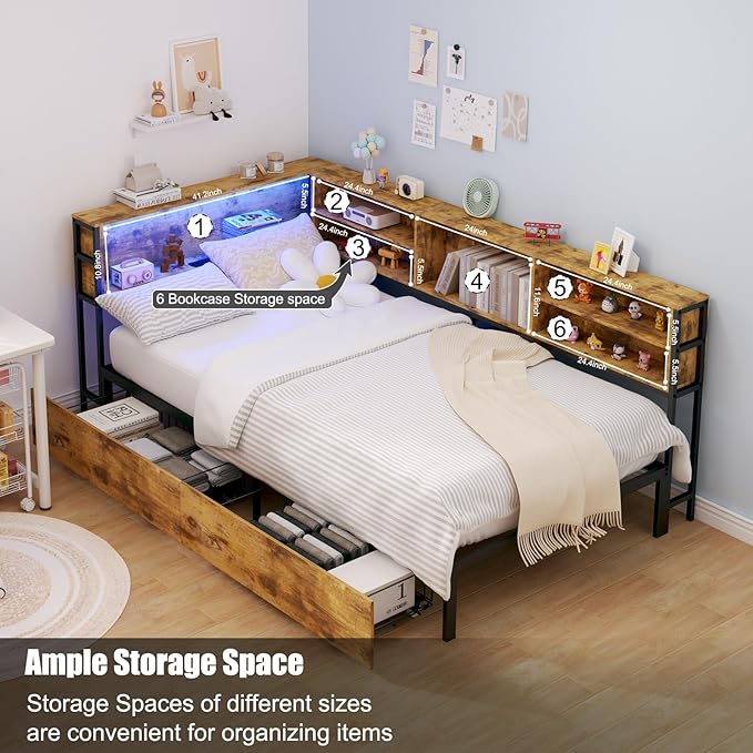 Corner Bed Frame Twin with Storage, L Shaped Daybed for Kids, Twin Corner Bed with Drawers, Shelves, RGB LED Lights & Charging Station, Sturdy Metal Kids Twin Bed for Girls Boys,Brown