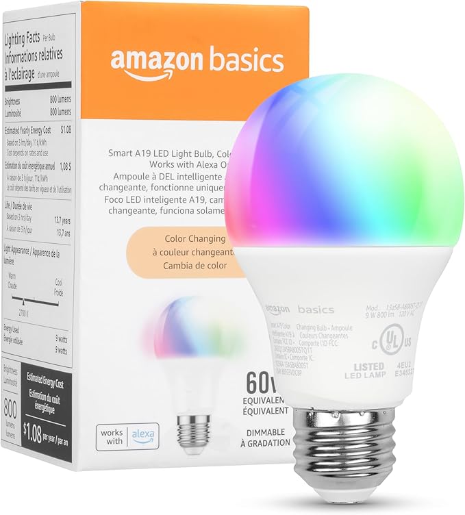 Amazon Basics Smart A19 LED Light Bulb, Color Changing, 9W (60W Equivalent), 800LM, Works with Alexa Only, 2.4 GHz Wi-Fi, No Hub Required, 1 Pack