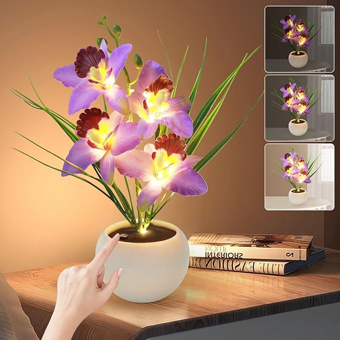 Artificial Flower Night Light, Touch Stepless Dimming USB Rechargeable Orchid Flower with Vase Lamp, LED Table Lamp Decorative Landscape Lights for Festival Party Home Decor (Purple)
