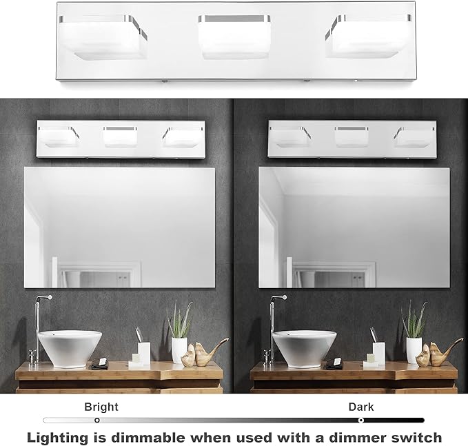 3 Colors Dimmable Bathroom Light Fixtures Over Mirror, LED Chrome Vanity Lights, Acrylic Stainless Steel 3 Light Bathroom Vanity Light, Adjustable 3000K/4000K/6000K, 360° Rotate