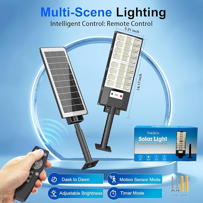 Solar Street Lights Outdoor, Solar Lamp IP66 Waterproof Security Flood Light Dusk to Dawn, Motion Sensor with Remote Control for Garage Yard Parking Lot Garden, 2 Pack