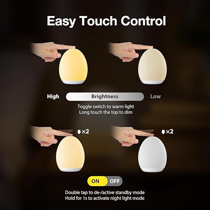 JolyWell Night Light for Kids, Baby Egg Light with 7 Colors Changing Mode & Stepless Dimming, Nursery Night Lamp BPA Free,Rechargeable Egg Night Light for Breastfeeding 1h Timer & Touch Control, Wood