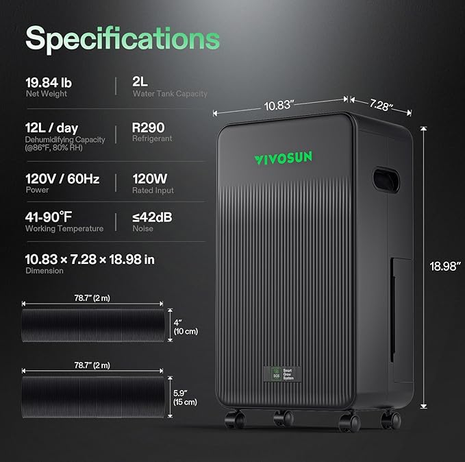 VIVOSUN AeroDrain D12 Smart Environmental Dehumidifier, up to 12L/day, 2L Water Tank, with Temperature & Humidity Sensor Probe, Smart Remote Control, Designed for Grow Tents