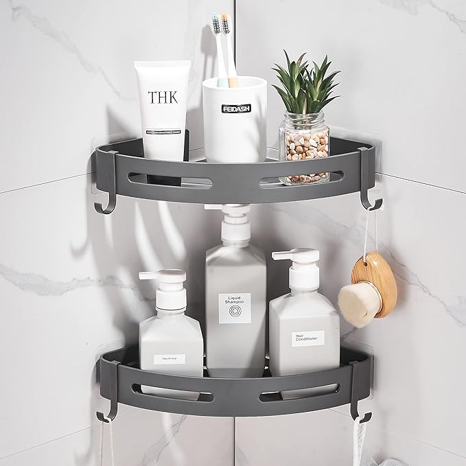 Hoomtaook 2-Tier Corner Shower Shelf No Drilling Bathroom Shelves Shower Caddies Adhesive Bath Corner Shelf Wall Mounted Bathroom Shower Caddy Organizer - Dark Grey