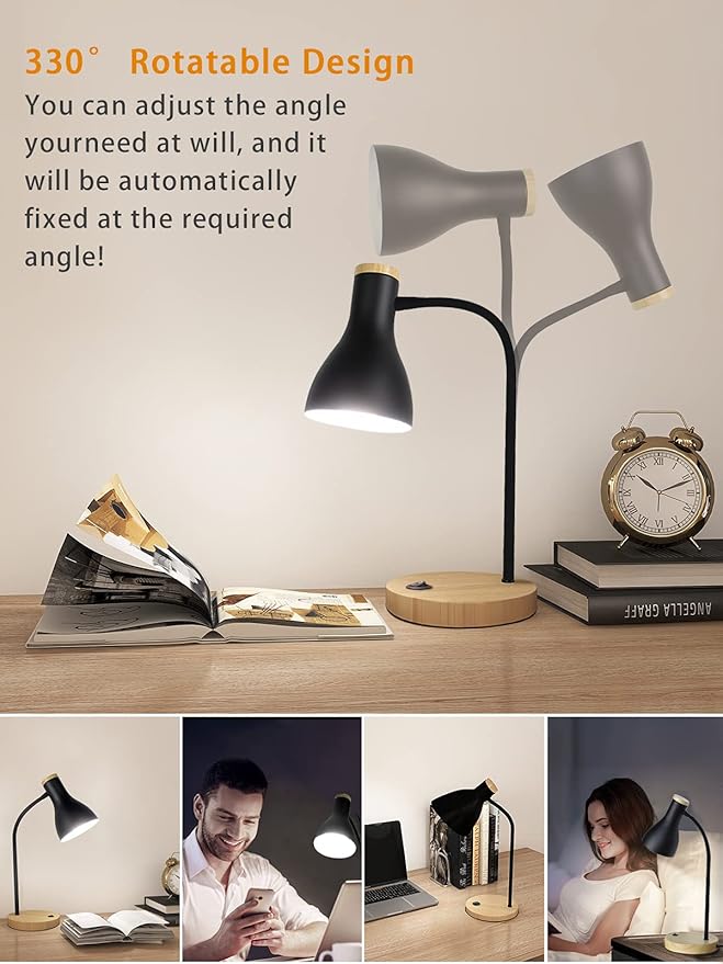 Metal Desk Lamp Table Lamp Reading Lights Arc Desk Lamps for Bedroom, Wood Base Bedside Lamp with Flexible Gooseneck for Study Room and Office (Wood Base+Black)
