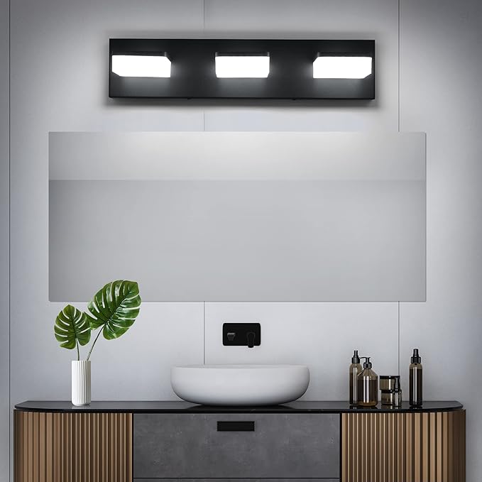 3 Colors Dimmable Black Bathroom Light Fixtures Over Mirror, LED Vanity Lights, Acrylic Stainless Steel 3 Light Bathroom Vanity Light Fixtures, Adjustable 3000K/4000K/6000K, 360° Rotate