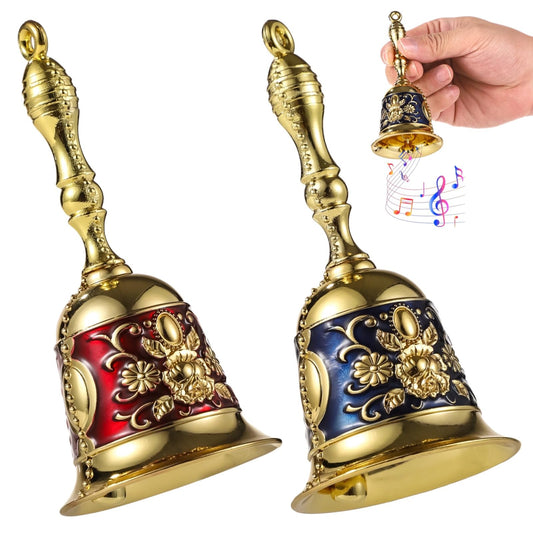 2 Pack Engraved Metal Hand Bells - Loud Call Bell for Elderly Care, Wedding, Christmas & Classroom - Vintage Floral Decorative Brass Service Bell with Handle - Ideal for Gifts, Decor & Notification