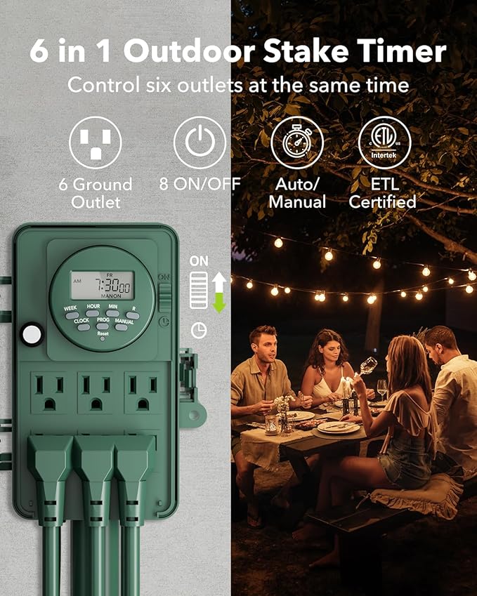 BN-LINK 7 Day Heavy Duty Outdoor Digital Stake Timer, 6 Outlets, Weatherproof, 2X Outdoor Extension Cord Safety Cover Waterproof, Fits 12/14/16 AWG Green