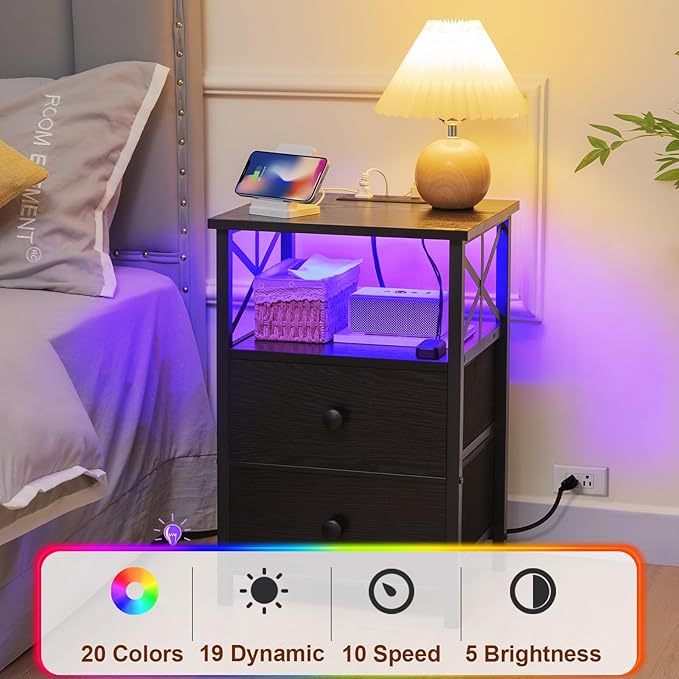 AMHANCIBLE Night Stand Set 2, LED Nightstand with Charging Station, End Tables Living Room with Fabric Drawers, Bedside Table for Bedroom, Black, HET052LBK