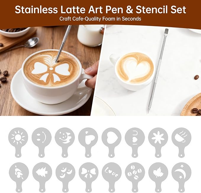 9 Pcs Espresso Accessories Kit, 51mm Espresso Tamper Tools, with Wooden Espresso Tamping Station, Distributor, Stirrer, Dosing Funnel,Puck Screen, Brush, Latte Art Pen and Decorative Stencils
