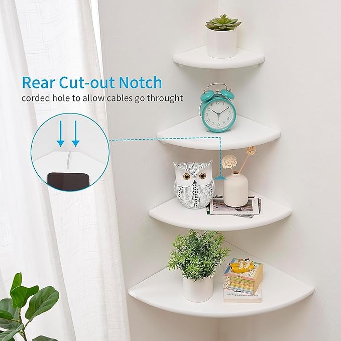 Corner Shelf, White Floating Corner Shelf, Set of 2 7inch Solid Oak Wood Corner Wall Shelves, Round End Wall Mount Display Shelf with Wire Hole for Small Plant for Bedroom Kitchen, Living Room