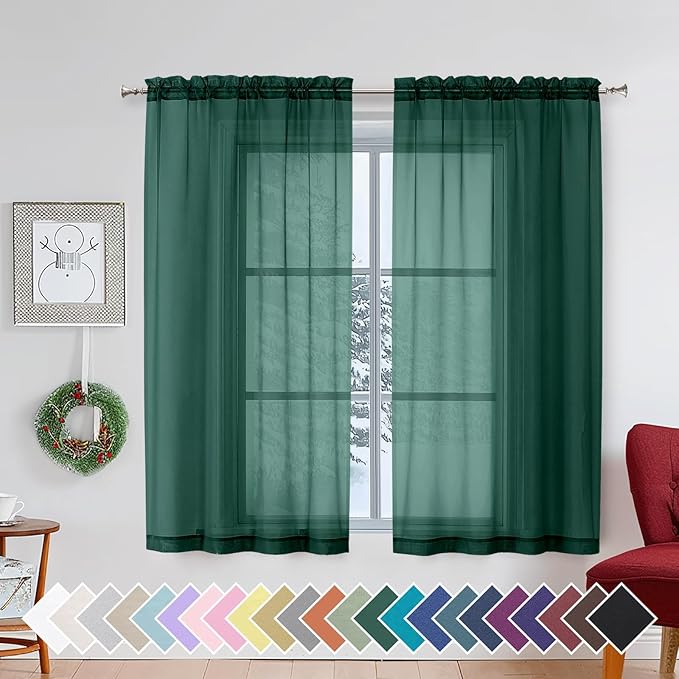 Aiyufeng Hunter Green Sheer Curtain Drapes 54 Inch Length 2 Panels for Living Room, Light Filtering Voile Green Drapes for Bedroom, Patio, Sliding Door, Each 42" W x 54" L