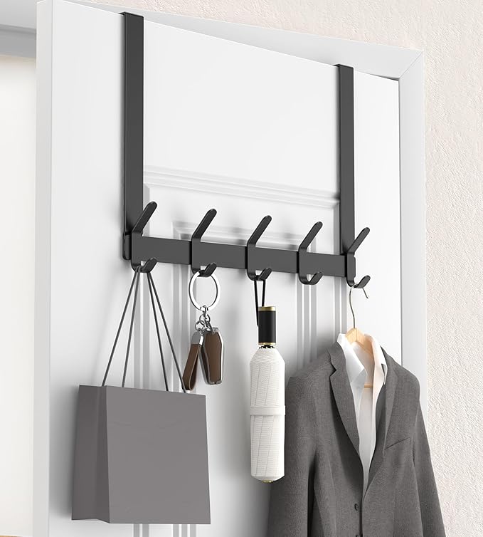 KitchLife Over The Door Hooks Hanger with 15.75 inches Extended Arms, Fit for 1-3/8" Doors, J40U, Thickened Bathroom Towel Rack Organization, 1 Pack Double-Hook, Matte Black