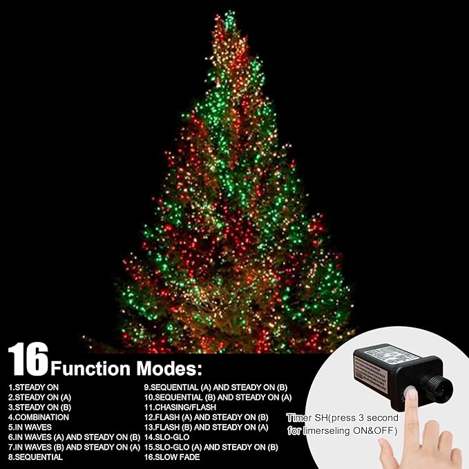 LAMPHOME Red Green Warm Christmas String Lights, 300 LED 99 FT Connectable Waterproof String Lights Green Wire with 16 Modes, Xmas Vintage Decorations for Indoor Outdoor Party Yard Garden Decor