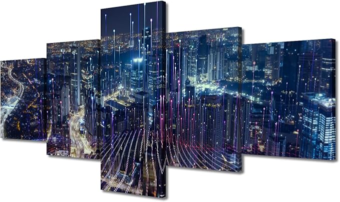 Canvas Wall Art Modern Cityscape Poster 5 Panel Home Decoration Particle Glowing Light Picture Printing Connection Design Poster Internet Companies Corridor Decor Framed Ready to Hang 50x24 Inch