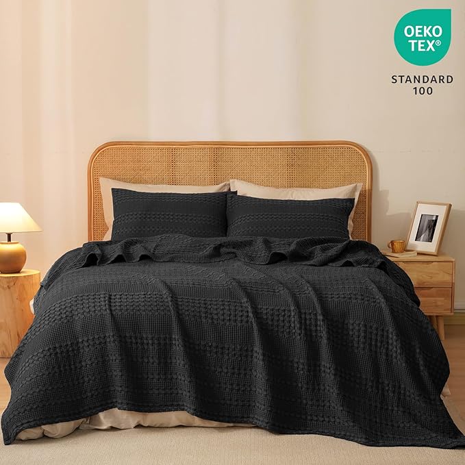 PHF 100% Cotton Waffle Weave Blanket Queen Size for Bed, Soft Lightweight & Breathable, All-Season Comfort, Luxury Aesthetic Woven Bedding for Home Decor, 90"x90", Black