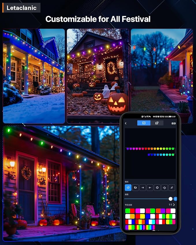 Smart C9 Christmas Lights Outdoor, 115FT 150 LEDs, APP Remote Controlled RGB String Lights with 80+ Modes Color Changing DIY Chasing Xmas Waterproof String Light for Patio Xmas Decor