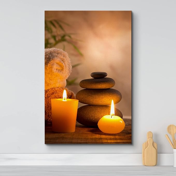 wall26 Canvas Print Wall Art Massage Stones with Atmospheric Candles Floral Nature Photography Realism Zen Scenic Relax/Calm Multicolor for Living Room, Bedroom, Bathroom, Office - 32"x48"