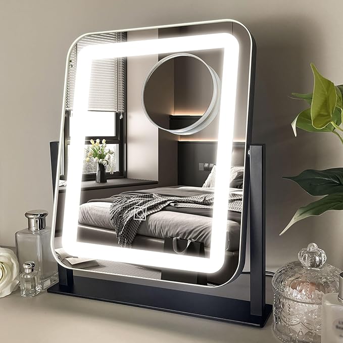 HNV Vanity Mirror with Lights - 15"x13" LED Lighted Makeup Mirror, Dimmable Touch Screen with 3-Color Lighting, 360° Rotation, Black Aluminum Frame for Vanity Desk, Bedroom, Tabletop
