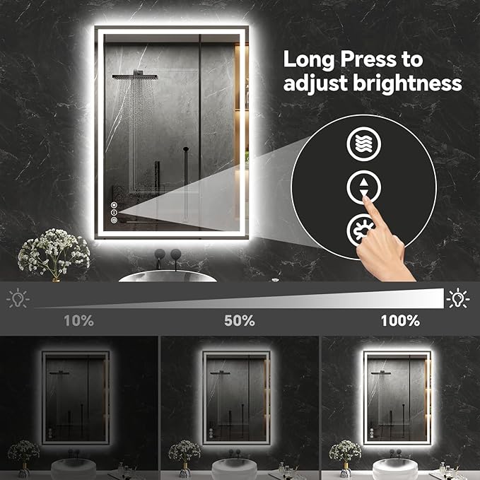 LED Bathroom Mirror 20x28 Inch Anti-Fog Bathroom Mirror with Lights, Wall Mounted Lighted Vanity Mirrors, Dimmable, Backlit + Front Lit, Smart Bathroom Vanity Mirror with 3 Colors Temperature