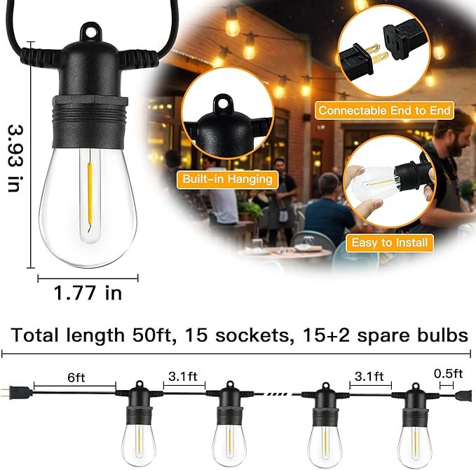 Ollny Outdoor String Lights, 50 FT Waterproof Connectable Patio Lights with 15 Shatterproof Bulbs(2 Spare), Outside Hanging Light for Balcony, Porch, Yard, Garden, Backyard