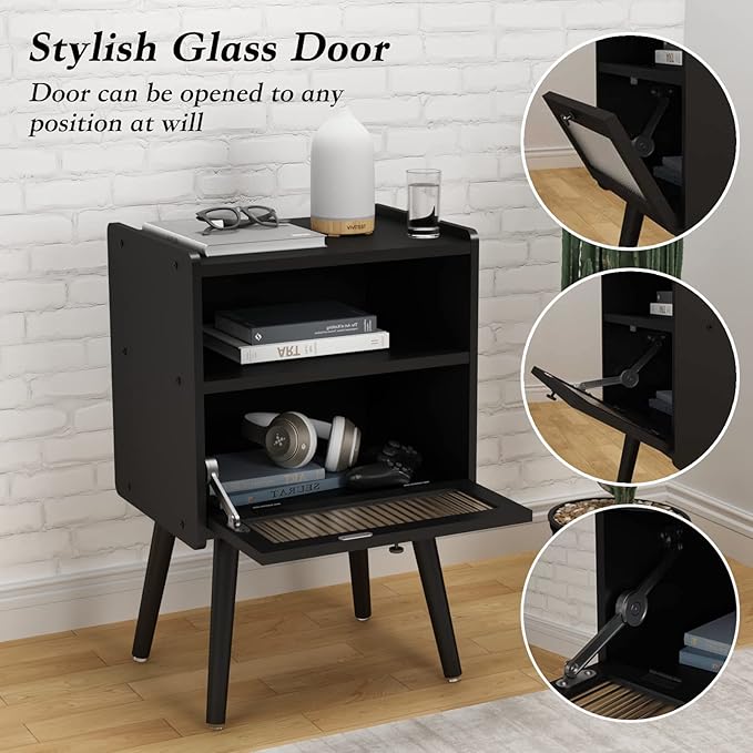 Mid Century Modern Nightstand, Side Table with Storage, Bedside Tables with Glass Door, End Table with Solid Wood Legs for Bedroom, Living Room and Small Spaces, Black