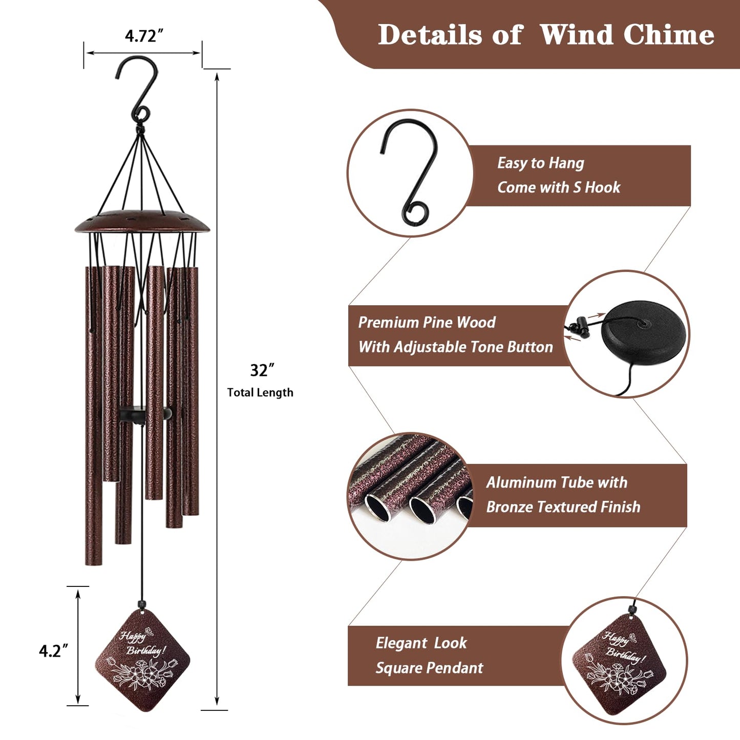Doopeer Best Friend Birthday Gifts for Women, Unique Birthday Gifts for Best Friends BFF Bestie, 32" Bronze Wind Chimes
