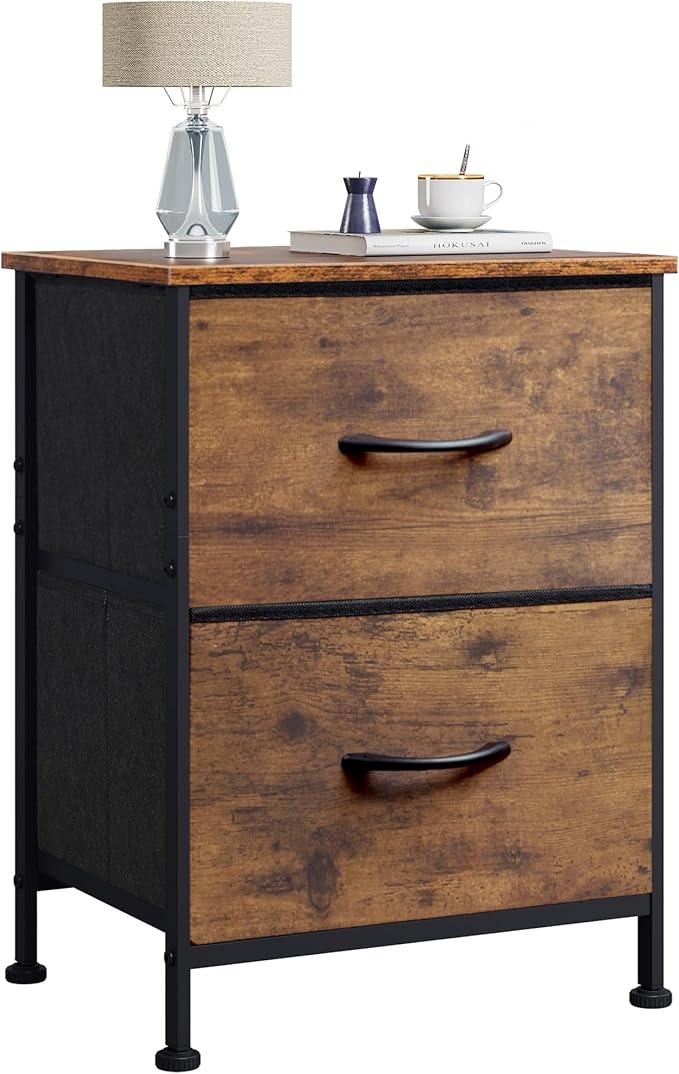 WLIVE Night Stand, Small 2 Drawer Dresser, Nightstand with Fabric Bins for Bedroom, Closet, Dorm, Rustic Brown Wood Grain Print, 11.8" D x 15.7" W x 20.9" H