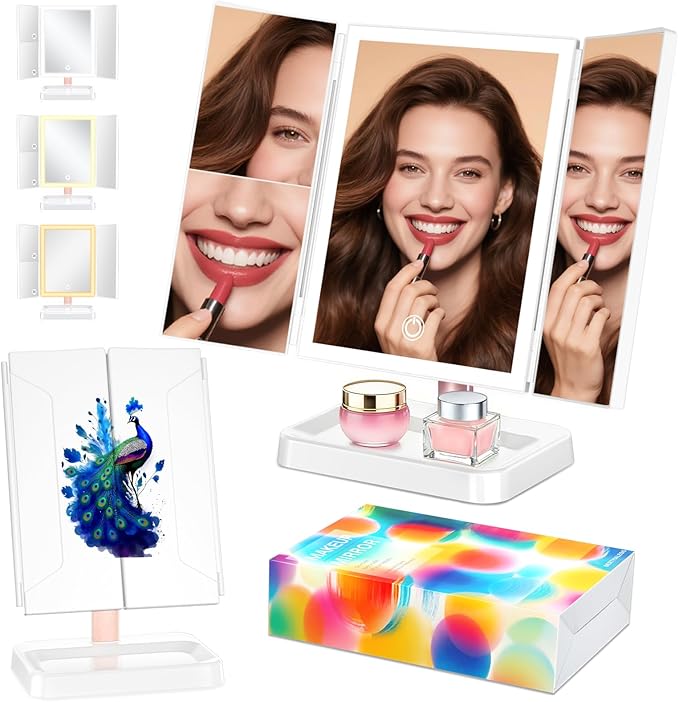 Rechargeable Makeup Mirror with Lights, 14.4" L x 9.1" W Lighted Vanity Mirror Tabletop 3X/2X/1X Magnification