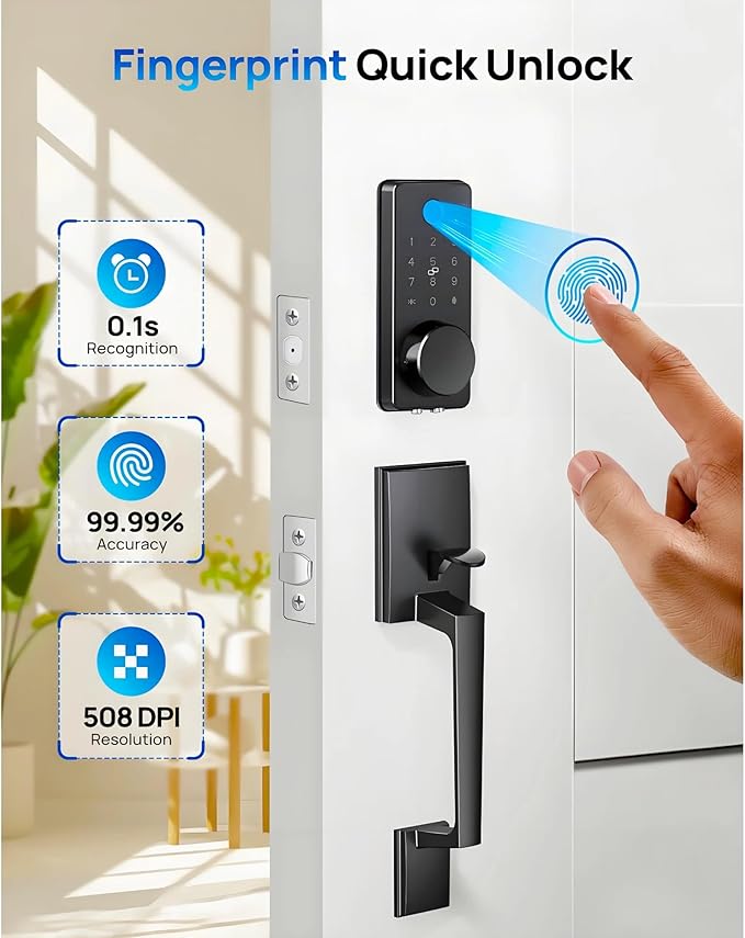 Smart Keyless Entry Door Lock Set w/Front Door Handle, 0.1s Fingerprint Biometric Unlock, Auto Lock, APP Remote/Passcodes/Cards Control, Keypad Deadbolt, Easy Install for Entry Bedroom