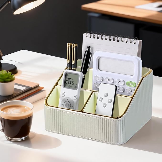 PU Leather Remote Control Holder with 4 Compartments, Small Desk Organizer Office Supply Bedside Caddy, All-in-One Small Bedside Remote Holder Nightstand Desktop Organizer